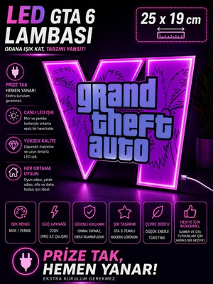 UstaPrint3D Gta 6 Temalı LED Lamba Dekoratif Gaming Oyun Odası Masaüstü Aydınlatma 25X19 cm