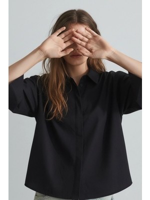 Siyah Yarasa Kol Duble Manşetli Modal Oversize Gömlek