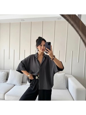 Antrasit Yarasa Kol Duble Manşetli Modal Oversize Gömlek