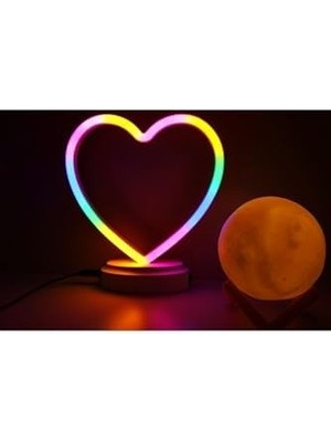 TeknoKapsül Işık KASABASI(107) Neon Kalp ve 3 D LED Sarı Küre Gece Lambası Sarı