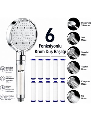 AKD 6 Fonksiyonlu Filtreli Krom El Duş Başlığı, Yüksek Basınçlı 6 Modlu, 10 Adet Yedek Filtreli, Standart 1/2 Bağlantı