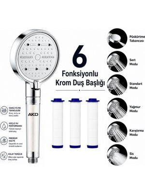 AKD 6 Fonksiyonlu Filtreli Krom El Duş Başlığı, Yüksek Basınçlı 6 Modlu, 3 Adet Yedek Filtreli, Standart 1/2 Bağlantı