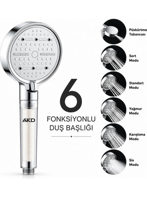 AKD 6 Fonksiyonlu Filtreli Krom El Duş Başlığı, Yüksek Basınçlı 6 Modlu El Duşu, Standart 1/2 Bağlantı