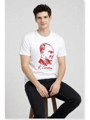 Modi Erkek Atatürk Baskılı Tişört Kısa Kollu Bisiklet Yaka T-Shirt Beyaz