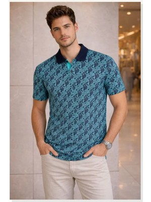 Modi Erkek Pike Kumaş Polo Yaka Palmiye Desenli Tişört Kısa Kol Yazlık T-Shirt Turkuaz