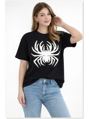 Modi Örümcek Baskılı Tişört Kısa Kollu Bisiklet Yaka T-Shirt Siyah