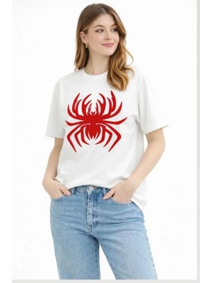 Modi Örümcek Baskılı Tişört Kısa Kollu Bisiklet Yaka T-Shirt Beyaz