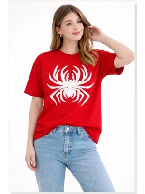Modi Örümcek Baskılı Tişört Kısa Kollu Bisiklet Yaka T-Shirt Kırmızı