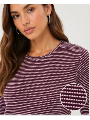 Modi Dokulu Çizgili Uzun Kollu Tişört Oval Kesim Basic Rahat Kalıp Bluz Bordo