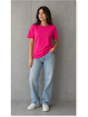 Modi Basic Pamuklu Tişört Bisiklet Yaka Düz Renk Relaxed Fit T-Shirt Fuşya