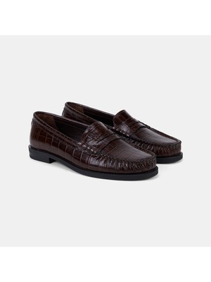 Desa Kadın Kahve Kroko Baskılı Klasik Deri Loafer