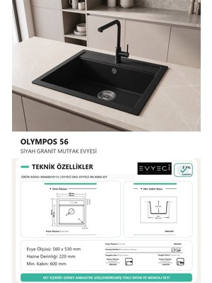 GÜNEY ANKASTRE RealStone K004 OLYMPOS 56 56×53 cm Siyah Granit Evye + Güçlendirilmiş Sifon Seti
