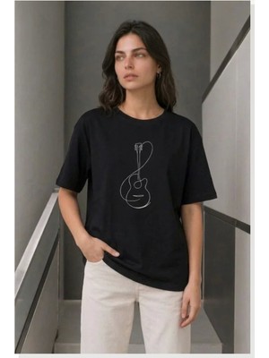 Modi Minimal Gitar Baskılı Tişört T-Shirt Yazlık Kısa Kol Bisiklet Yaka Siyah