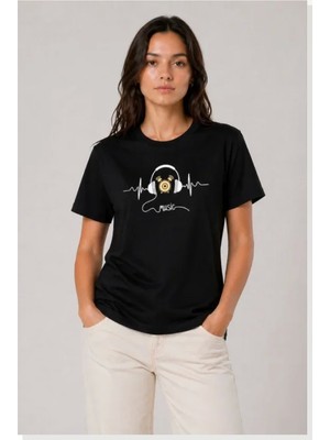 Modi Müzik Temalı Baskılı Tişört Bisiklet Yaka Kısa Kol T-Shirt Siyah