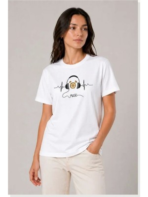 Modi Müzik Temalı Baskılı Tişört Bisiklet Yaka Kısa Kol T-Shirt Beyaz