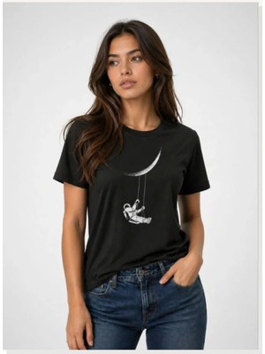 Modi Astronot Ay Temalı Tişört Kısa Kol Yazlık Bisiklet Yaka T-Shirt Siyah