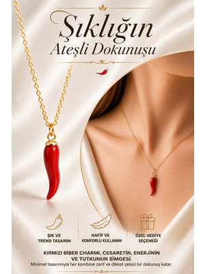 Invictus Design Kadın Kırmızı Biber Sebze Figürlü Charm Gold Zincir Detay Kolye Dilek Şans Kolye Hediye