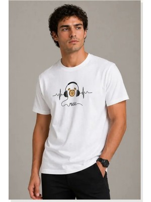 Modi Erkek Müzik Temalı Baskılı Tişört Bisiklet Yaka Kısa Kol T-Shirt Beyaz