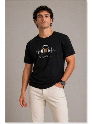 Modi Erkek Müzik Temalı Baskılı Tişört Bisiklet Yaka Kısa Kol T-Shirt Siyah