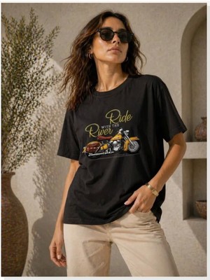 Modi Motosiklet Baskılı Tişört Bisiklet Yaka Kısa Kol Yazlık T-Shirt Siyah