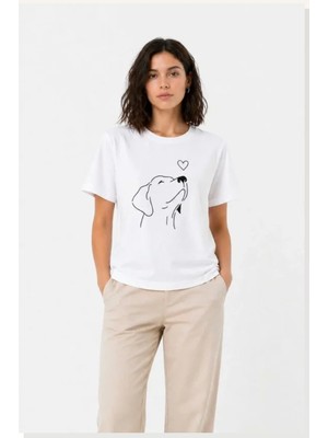 Modi Köpek Figürlü Minimal Baskılı Tişört Kısa Kol Yazlık T-Shirt Beyaz
