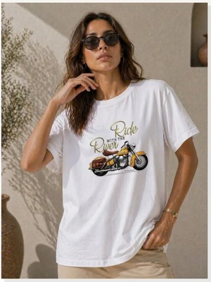 Modi Motosiklet Baskılı Tişört Bisiklet Yaka Kısa Kol Yazlık T-Shirt Beyaz