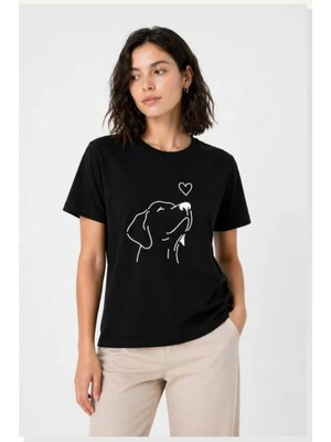 Modi Köpek Figürlü Minimal Baskılı Tişört Kısa Kol Yazlık T-Shirt Siyah