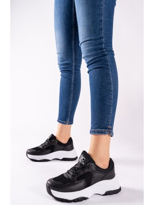 Riccon Kadın Siyah Beyaz Sneaker Düz Taban Ortapedik İç Taban ile Rahat Kullanım 0012140
