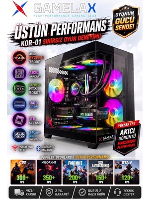 Gamelax Kor-01 Amd Ryzen5 7500F RTX5060 Ti 8gb 16GB Ddr5 Ram 1tb M.2 SSD 240MM Sıvı Soğutma Wi-Fi Masaüstü Gaming Bilgisayarı