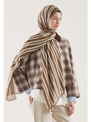Fresh Scarfs Block Stripe Desen Rami Şal Sütlü Kahve