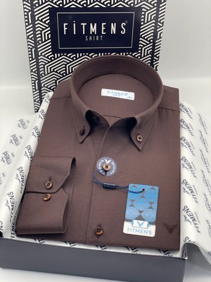 Fitmens Slim Fit Uzun Kol Pamuklu Hediye Kutulu Kolay Ütülenebilir Erkek Gömlek FS-002225 - Koyu Kahve
