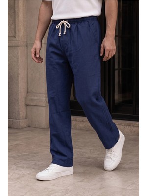 Erkek Lacivert Müslin Görünümlü Baggy Eşofman Altı Bol Paça Rahat Kalıp Oversize