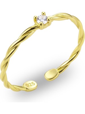 Söğütlü Silver 925 Ayar Gümüş Yüzük Altın Kaplama Sarmal Burgu Gövdeli Tektaş Zirkon Yüzük - Ayarlanabilir Minimal Kadın Yüzük SGTL13518GOLD