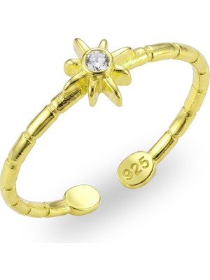 Söğütlü Silver 925 Ayar Gümüş Yüzük Altın Kaplama Kutup Yıldızı Zirkon Taşlı Yüzük - Kuzey Yıldızı Tektaş Ayarlanabilir Minimal Kadın Yüzük SGTL13517GOLD
