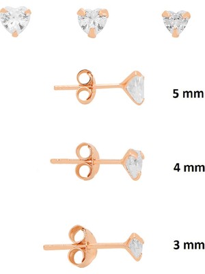 Söğütlü Silver 925 Ayar Gümüş Rose Kaplama 3'lü Tekli Kombin Set Kalp Kesim Zirkon Taşlı Minimal Küpe (3-4-5 Mm) SGTL13529ROSE