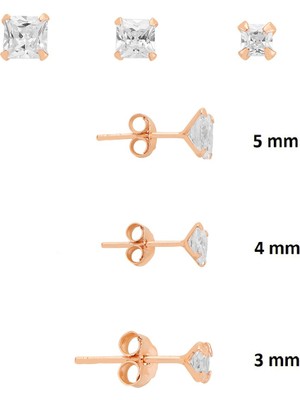 Söğütlü Silver 925 Ayar Gümüş Rose 3'lü Tekli Kombin Set Kare Princess Kesim Taşlı Minimal Küpe (3-4-5 Mm) SGTL13531ROSE