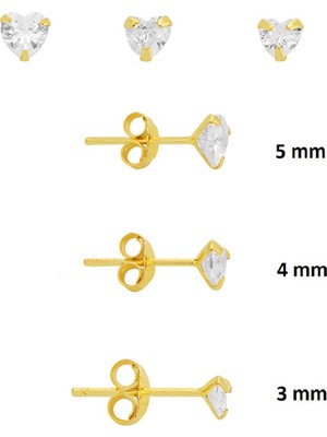 Söğütlü Silver 925 Ayar Gümüş Altın Kaplama 3'lü Tekli Kombin Set Kalp Kesim Zirkon  Taşlı Minimal Küpe (3-4-5 Mm) SGTL13529GOLD