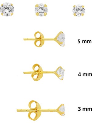 Söğütlü Silver 925 Ayar Gümüş Altın Kaplama 3'lü Tekli Kombin Set Yuvarlak Tektaş Minimal Küpe (3-4-5 Mm) SGTL13530GOLD