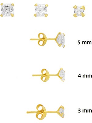 Söğütlü Silver 925 Ayar Gümüş Altın Kaplama 3'lü Tekli Kombin Set Kare Princess Kesim Taşlı Minimal Küpe (3-4-5 Mm) SGTL13531GOLD
