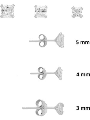 Söğütlü Silver 925 Ayar Gümüş 3'lü Tekli Kombin Set Kare Princess Kesim Taşlı Minimal Küpe (3-4-5 Mm) SGTL13531RODAJ