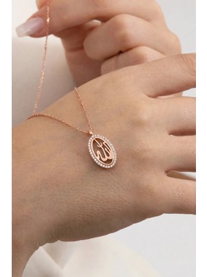 Söğütlü Silver 925 Ayar Gümüş Kolye Rose Kaplama Oval Çerçeve Zirkon Taşlı Işıltılı Allah Lafzı Kadın Kolye SGTL13541ROSE