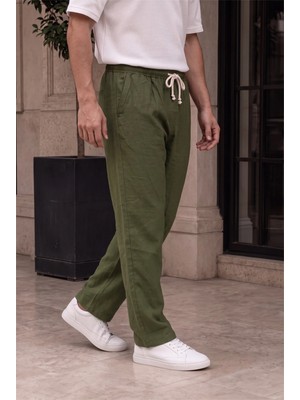 Erkek Haki Müslin Görünümlü Baggy Eşofman Altı Bol Paça Rahat Kalıp Oversize
