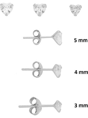 Söğütlü Silver 925 Ayar Gümüş 3'lü Tekli Kombin Set Kalp Kesim Zirkon Taşlı Minimal Küpe (3-4-5 Mm) SGTL13529RODAJ