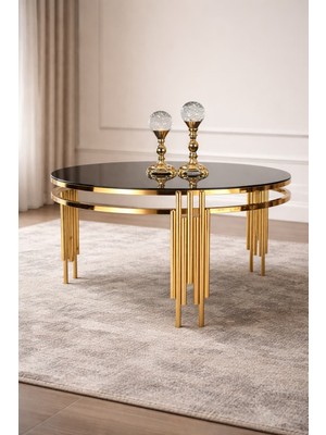 Quattro Home Yuvarlak Sütun Orta Sehpa – Metal Ayaklı Siyah Cam Tabla