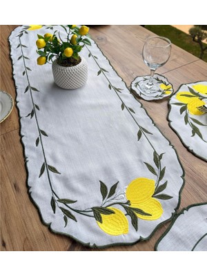 Linoriahome Limon Nakışlı Runner 110X35 cm – Dekoratif Masa Örtüsü – Sarı Limon Desenli Şık Masa Runnerı
