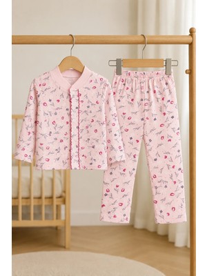 Bebek Star Çiçek Desenli Pembe Kız Bebek Pijama Takımı %100 Cotton