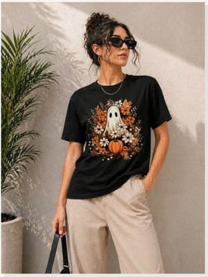 Modi Balkabağı Hayalet Baskılı Tişört Kısa Kol Yazlık T-Shirt Siyah
