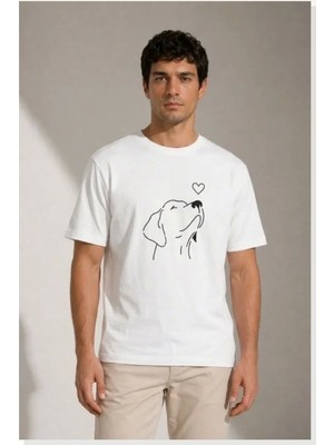 Modi Erkek Köpek Figürlü Minimal Baskılı Tişört Kısa Kol Yazlık T-Shirt Beyaz