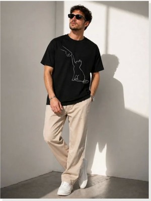 Modi Erkek Minimal Kedi Çizim Baskılı Tişört Kısa Kol Yazlık T-Shirt Siyah