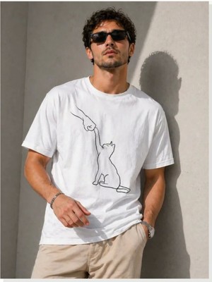 Modi Erkek Minimal Kedi Çizim Baskılı Tişört Kısa Kol Yazlık T-Shirt Beyaz